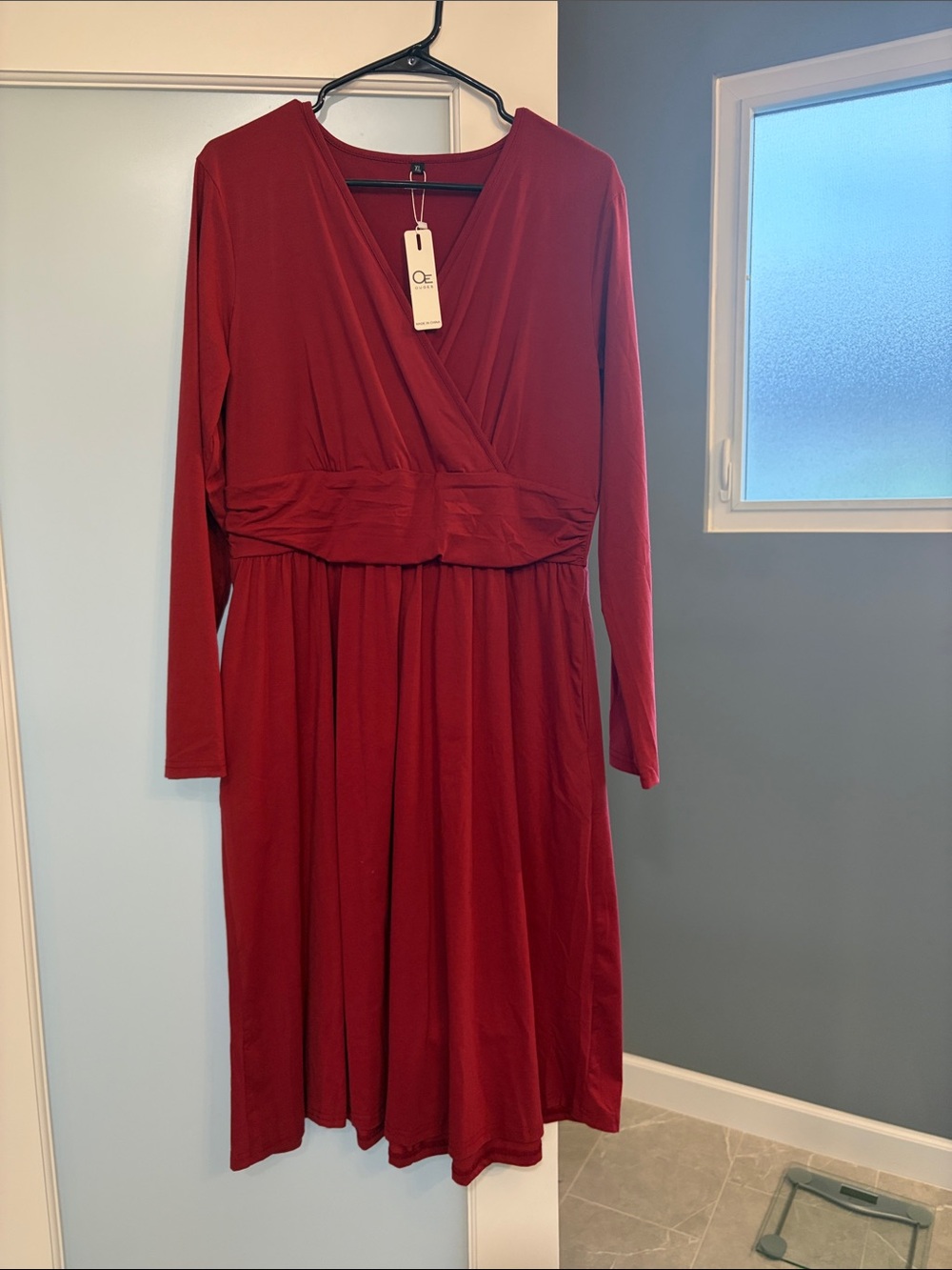 Deep Red Long-Sleeve Wrap Dress with Defined Waist